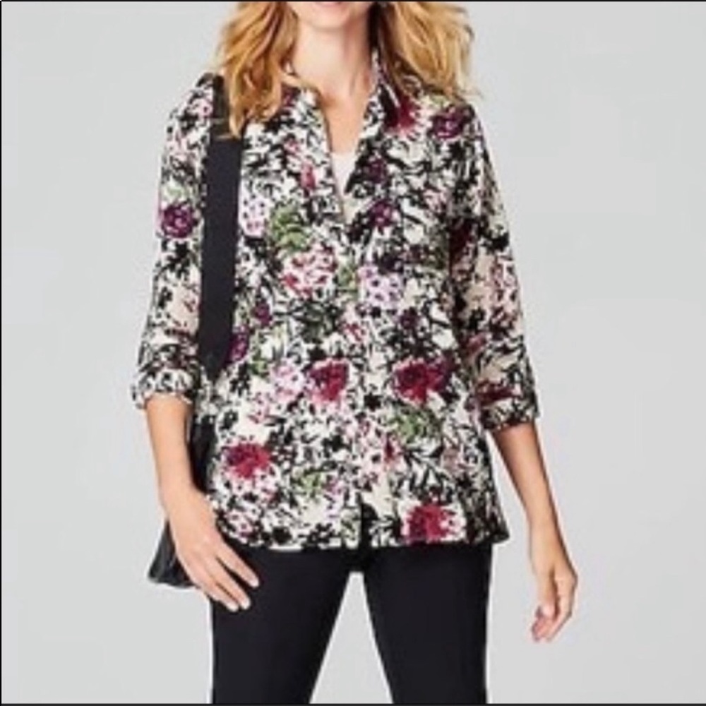 J Jill Oversized Shirttail Oat Floral Print Long Sleeve Blouse Size Large